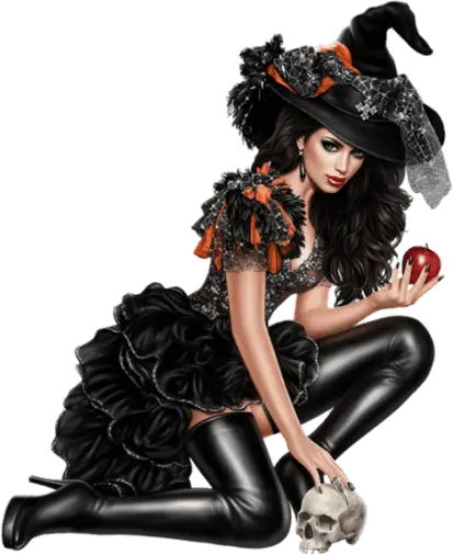 Halloween witch kneeling with apple